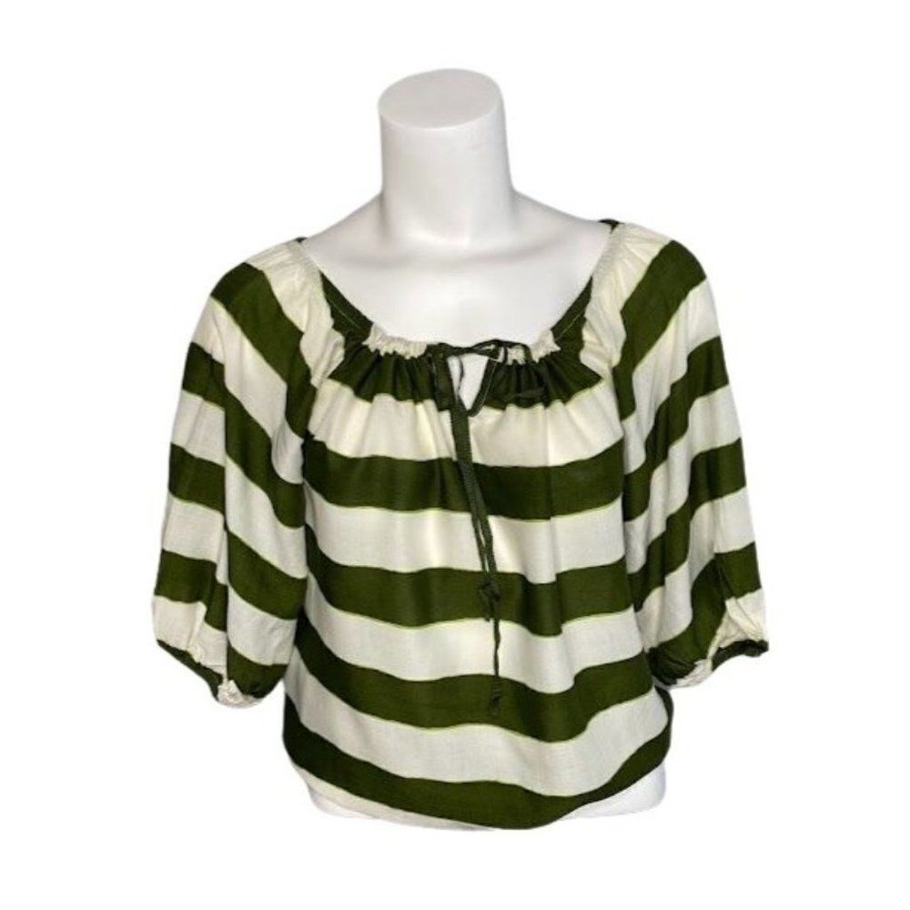 Womens OLD NAVY‎ Green Stripe 1/2 Balloon Sleeve Elastic Waist Top Sz Medium NEW